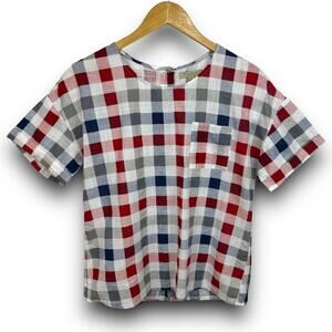 Polagram Checkered Short Sleeve Shirt Button Back Blouse Top Casual Size Small